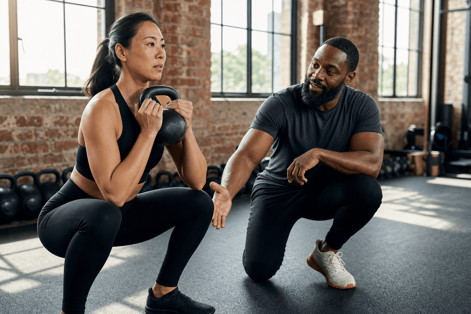 Coach guiding a member through a kettlebell training session